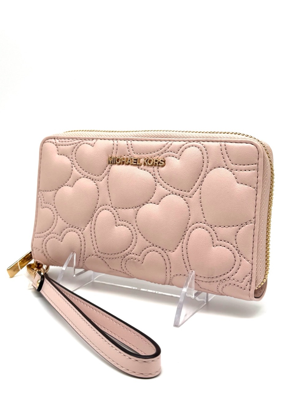 Michael Kors Blush Quilted Heart Zip Wristlet with Gold Hardware